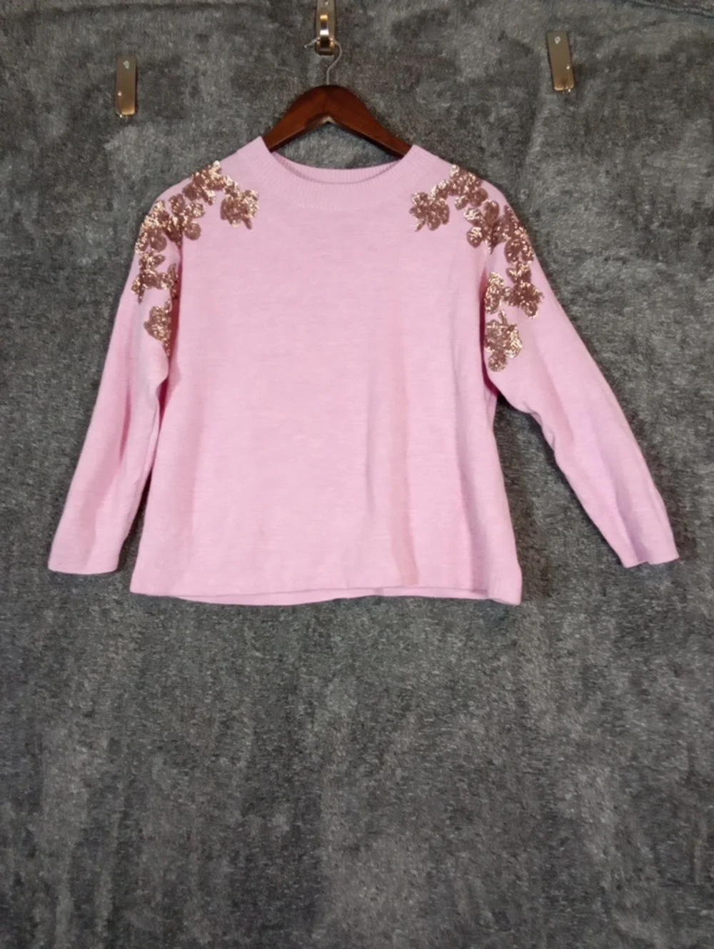 J Crew Pink Sweater with Rose Gold Sequin Floral Shoulders Womens Size M